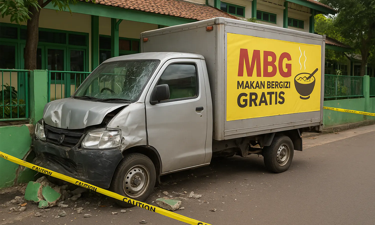 Sebuah mobil pengangkut MBG menabrak pagar sekolah SDN 01 Kalibaru, Cilincing, Jakarta Utara (Foto: PARBOABOA/Defri)